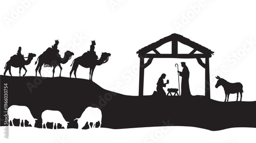 Nativity scene silhouette with three kings on camels approaching a stable where Mary and Joseph attend baby Jesus with sheep and a donkey nearby.