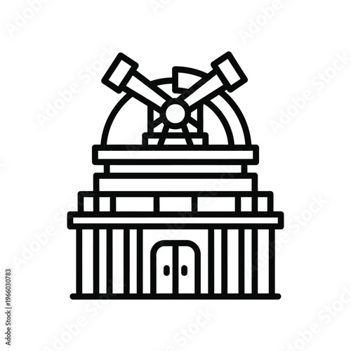 Minimalist line icon of an astronomical observatory building with a telescope dome for space exploration and scientific research