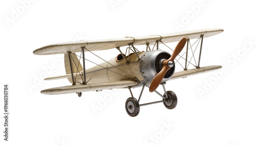 Obraz na płótnie Vintage beige biplane model with wooden propeller, isolated on transparent backg