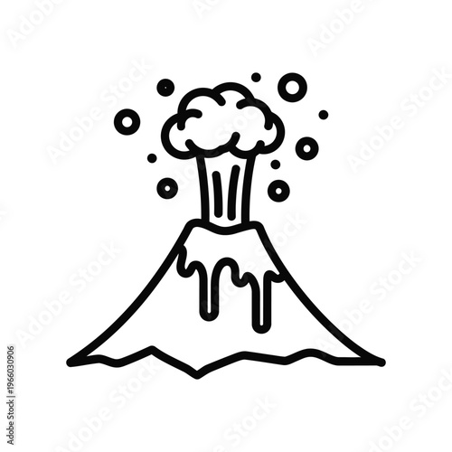 Minimalist black and white line art illustration of an active volcano erupting with lava flow and smoke clouds for educational or scientific design