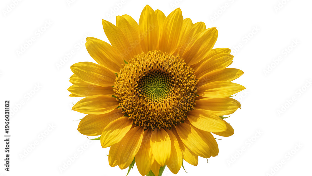 Fototapeta premium Golden yellow sunflower bloom with textured center, isolated on transparent background for nature