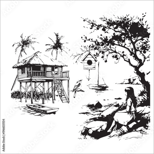 PrintA vintage-style, high-contrast black and white illustration depicting a peaceful tropical stilt village scene. On the left, a traditional wooden house on high stilts with a thatched roof, 