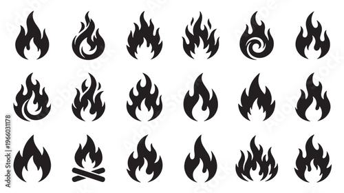 Black flame icons, fire symbols, burning flames, vector graphics