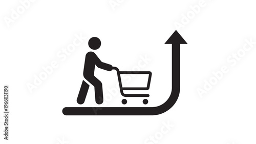 Cuadro en lienzo Person pushing shopping cart on upward trending arrow, signifying growth in sales or business expansion