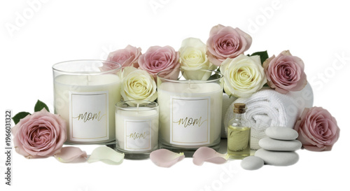 Luxurious spa products with candles and roses