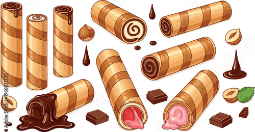 Wafer roll dessert vector set with chocolate drizzle, strawberry cream filling, crispy biscuit sticks and sweet snack illustration collection