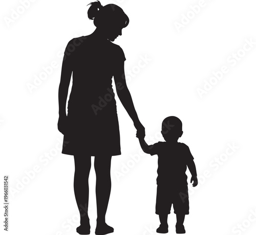 Mother and child holding hands silhouette for parent-child bonding and family care conceptualization on a white background