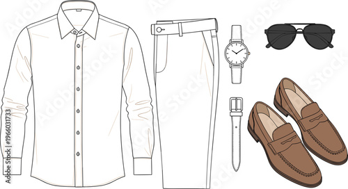 Illustration of men's business casual outfit featuring a button down shirt trousers loafers watch sunglasses and leather belt.