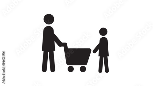 Shopping cart icon with adult and child figures pushing together for a retail purchase or grocery store visit.