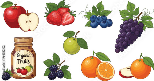 Organic Fruit Collection with Apples, Strawberries, Blueberries, Grapes, Oranges, and Fruit Jar for Healthy Food Designs