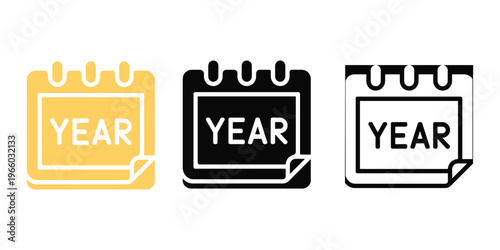 Three Calendar Icons Representing The Word YEAR in Yellow, Black, and Outline Styles