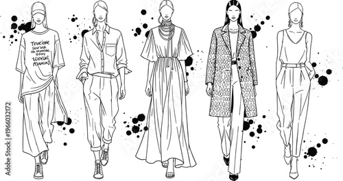 Hand drawn fashion illustration set featuring stylish women models wearing trendy apparel dresses coats and casual street style.