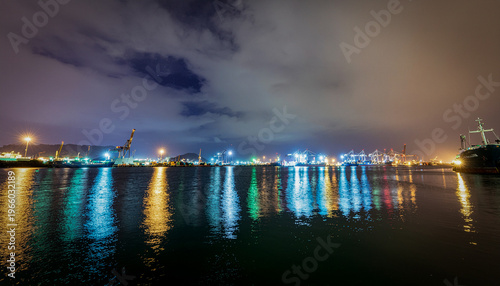 Luminous 4K Night View of a Glowing Industrial Port with Vivid Wet Surface Reflections