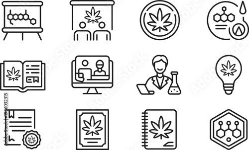 Set of cannabis research icons in line style for graphic design projects