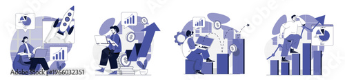 Business growth concept set for web design. Collection with people developing project, launching startup, making data analysis with financial rise statistic and arrow up graph. Vector illustration.