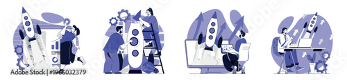 Business startup concept set for web design. Collection with people launching new project, working and developing project, planning and attracting investment in entrepreneurship. Vector illustration.