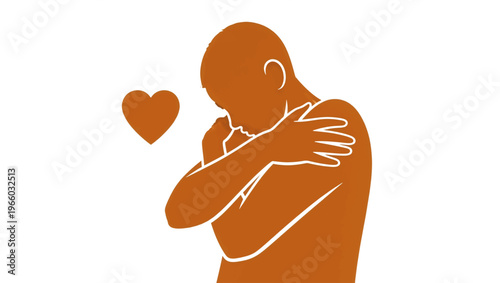 Silhouette of a man hugging himself with a heart symbol. Self-love and mental health concept. Flat vector illustration isolated on white background