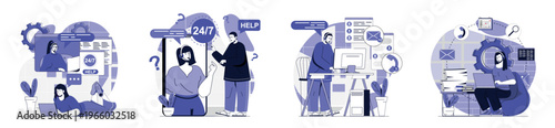 Customer service concept set for web design. Collection with people consulting online at helpline, operators solving technical problems, answering clients calls and messages. Vector illustration.