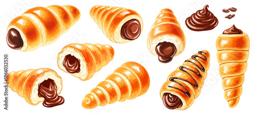 チョココロネの水彩風イラストセット,菓子パン,ベーカリー素材,とろけるチョコクリーム,焼き立てパン