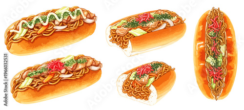 焼きそばパンのイラストセット,コッペパン,惣菜パン,B級グルメ,屋台の味,断面,マヨネーズ