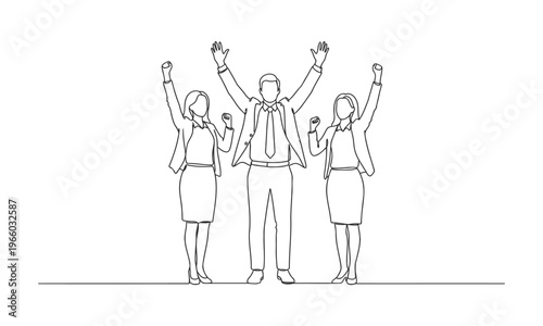 Single continuous line drawing of young happy female and male workers prancing with joy at the office room together. Business teamwork celebration concept