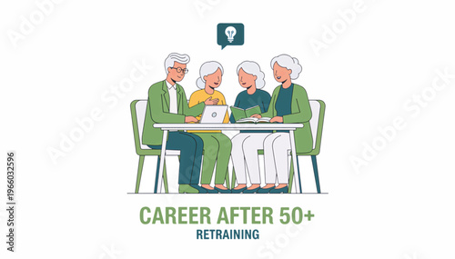 Career after 50 and retraining concept. Group of seniors learning with technology and books. Flat design vector illustration