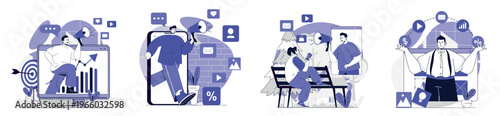 Digital marketing concept set for web design. Collection with people doing online advertising with megaphones, attracting new clients, making promotion with different content. Vector illustration.