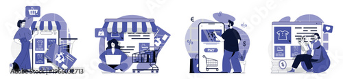 Mobile commerce concept set for web design. Collection with people making online shopping with secure paying in app, purchasing at sales and ordering new products by internet. Vector illustration.