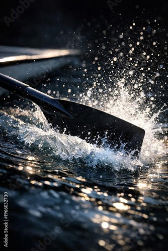 Rowing Oar Sculling Splash Water Propulsion Motion Dynamic Regatta Athlete Training Competition Sport Power Energy Action Shot Close Up Detail High Speed Photography Aquatic Exercise Fitness