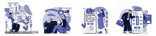 Online payment concept set for web design. Collection with people getting digital bills or invoice receipt and making financial transactions, paying by purchase in mobile apps. Vector illustration.