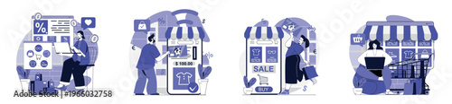 Online shopping concept set for web design. Collection with people choosing new products at internet stores, purchasing at seasonal sales, ordering and paying in mobile app. Vector illustration.