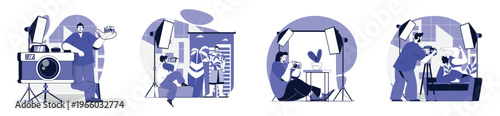 Photo studio concept set for web design. Collection with people working as photographers, making photography shot, models posing for portraits at shooting under spotlights. Vector illustration.