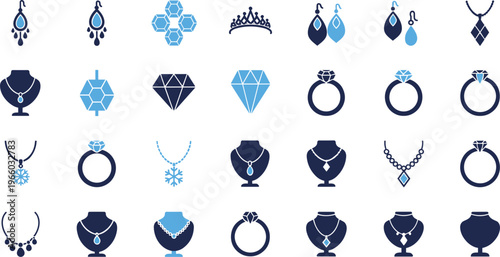 Luxury jewelry icon set featuring diamond rings necklaces earrings tiaras and gemstones on display stands for retail design.