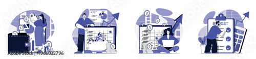 Planning financial budget concept set for web design. Collection with people managing personal finance and expense, making money analysis and strategy, doing accounting balance. Vector illustration.