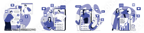 Social media marketing concept set for web design. Collection with people making online advertising in influencer blogs, attracting targeting audience, sharing promo information. Vector illustration.