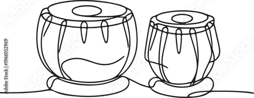 Indian tabla percussion instrument one line drawing traditional music culture illustration on white background