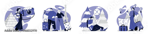 Travel vacation concept set for web design. Collection with people sightseeing in France or Egypt,hiking in forest and mountains, discover locations, resting and taking photos. Vector illustration.