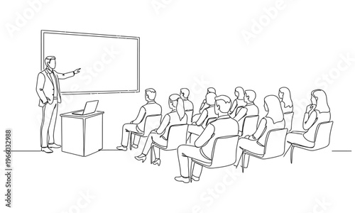 Continuous one line drawing of woman explaining business process on flip chart. Business presentation concept. Trendy single line draw graphic design vector