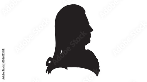 Silhouette of a historical figure's profile featuring long hair tied in a queue and elaborate clothing detail, rendered in solid black against a