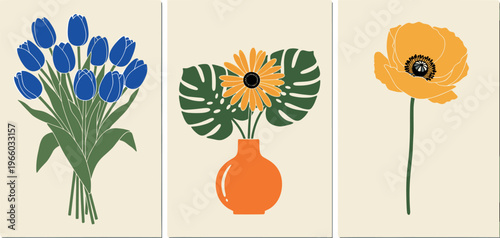 Minimal floral poster set with blue tulips bouquet, monstera leaf vase arrangement and yellow poppy modern botanical vector illustration