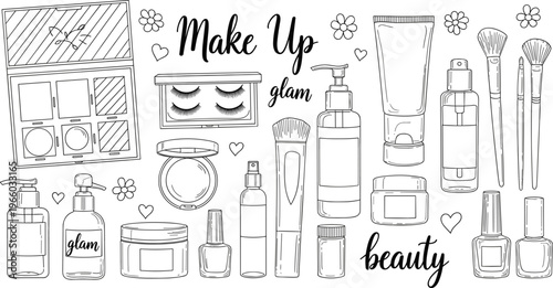 Large makeup and beauty products set with cosmetics palette brushes skincare bottles and nail polish outline vector illustration isolated on white background