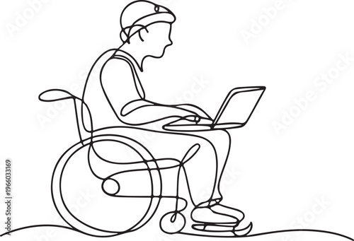 Disabled man working on laptop line art inclusive workspace accessibility illustration modern remote work concept