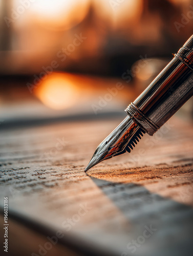 Elegant fountain pen nib poised over parchment with warm glowing light reflecting on vintage script in a thoughtful writing atmosphere