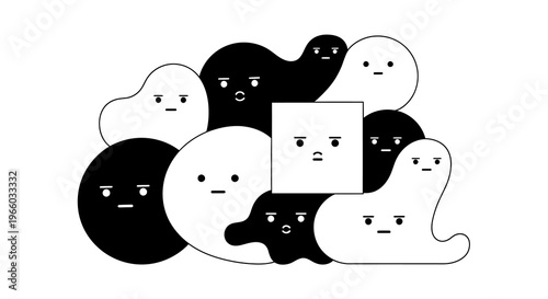 Black and white minimalist faces in abstract shapes