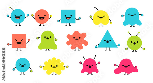 Colorful geometric cartoon characters with simple eyes and smiles in minimalist style