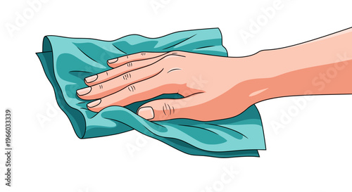 Hand wiping surface with blue cloth in cartoon style