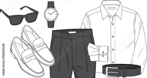 Mens formal dress outfit with classic shirt trousers leather belt loafers sunglasses and wrist watch outline vector illustration for style concepts isolated on white background