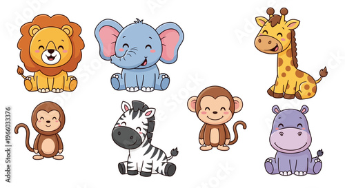 Cute cartoon safari animals collection: lion, elephant, giraffe, monkey, zebra, hippo