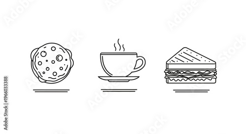 Minimalist food icons featuring cookie, coffee, and sandwich in linear style