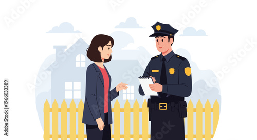 Friendly police officer assisting community member in front of suburban home scene